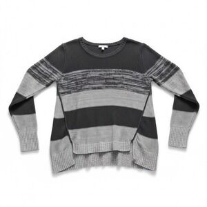 Eileen Fisher Organic Linen Striped Knit Sweater Grey Charcoal L S4LGB-1